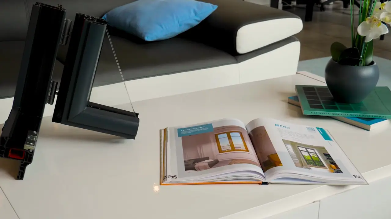 Coupe d’un angle de fenêtre grise posée sur une table, catalogues ouverts et nuancier